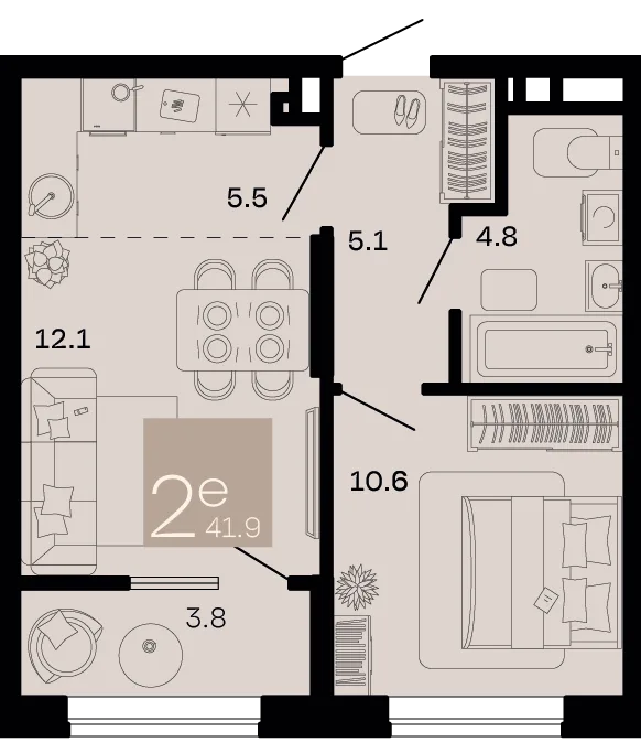 Планировка 2-комн. квартира, 41.9 м² ЖК «Хозяин морей»