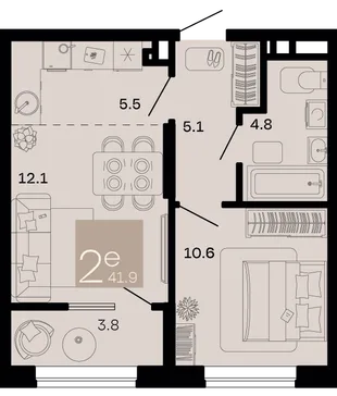 Планировка 2-комн. квартира, 41.9 м² ЖК «Хозяин морей»
