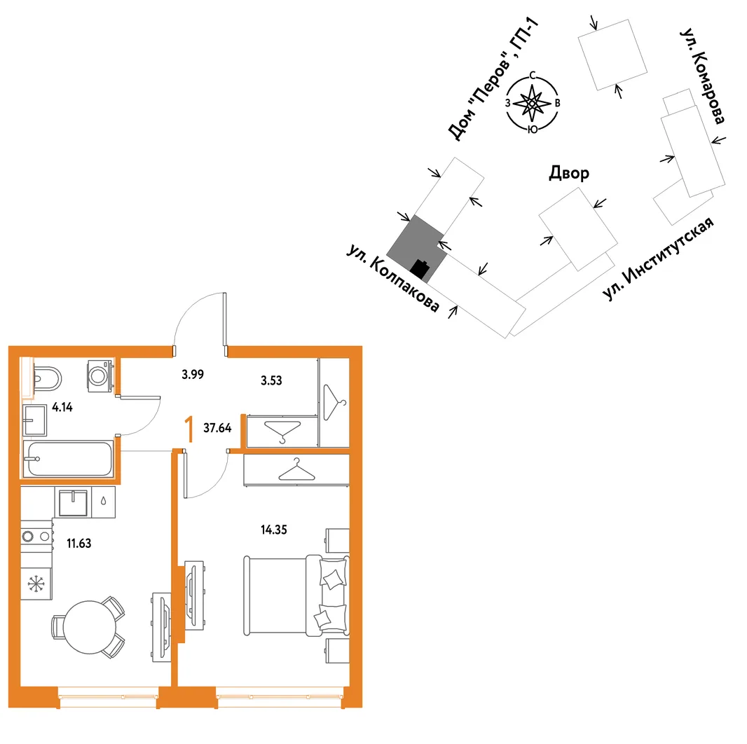 Планировка 1-комн. квартира, 37.64 м² ЖК «Страна.Парковая»