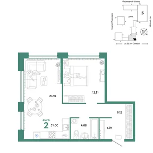 Планировка 2-комн. квартира, 51 м² ЖК «Сердце Сибири»