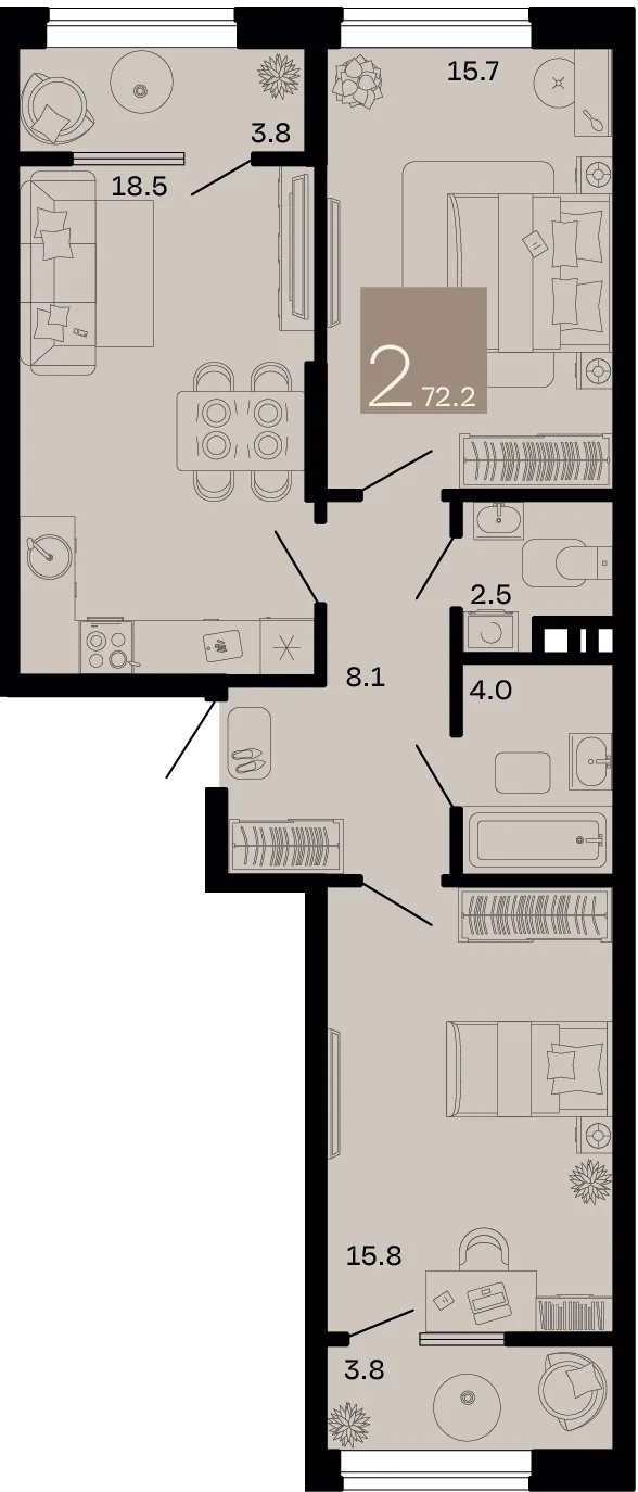 Планировка 2-комн. квартира, 72.2 м² ЖК «Хозяин морей»