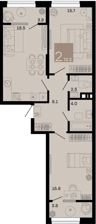 Планировка 2-комн. квартира, 72.2 м² ЖК «Хозяин морей»