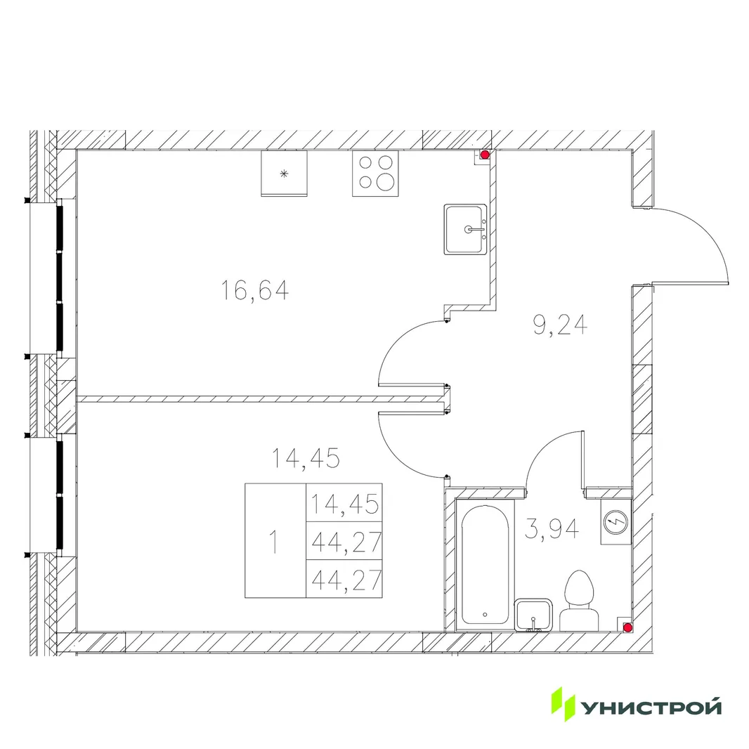 Планировка 1-комн. квартира, 44.27 м² ЖК «Statum»