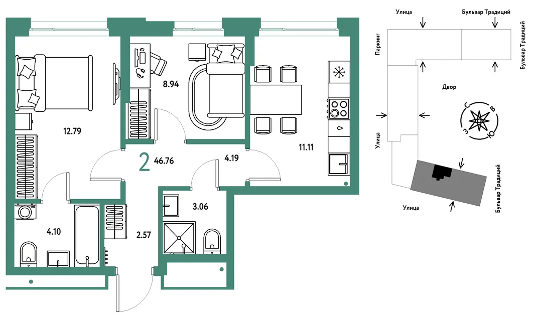 Планировка 2-комн. квартира, 46.76 м² ЖК «Микрорайон Домашний»