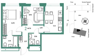 Планировка 2-комн. квартира, 46.76 м² ЖК «Микрорайон Домашний»