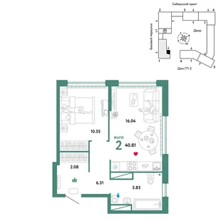 Планировка 2-комн. квартира, 40.81 м² ЖК «Сибирский сад»