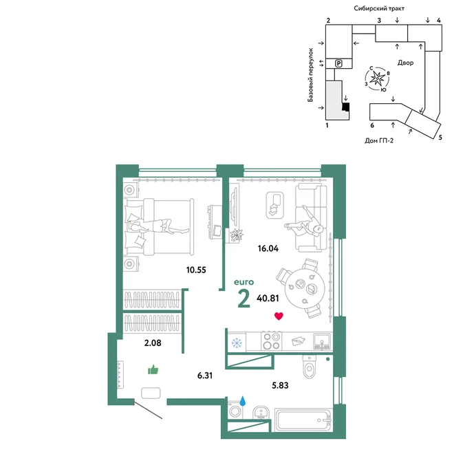 Планировка 2-комн. квартира, 40.81 м² ЖК «Сибирский сад» Планировка 2-комн. квартира, 40.81 м² ЖК «Сибирский сад»