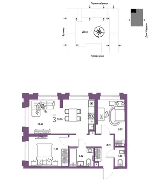 Планировка 3-комн. квартира, 55.76 м² ЖК «Европейский берег 2.0»