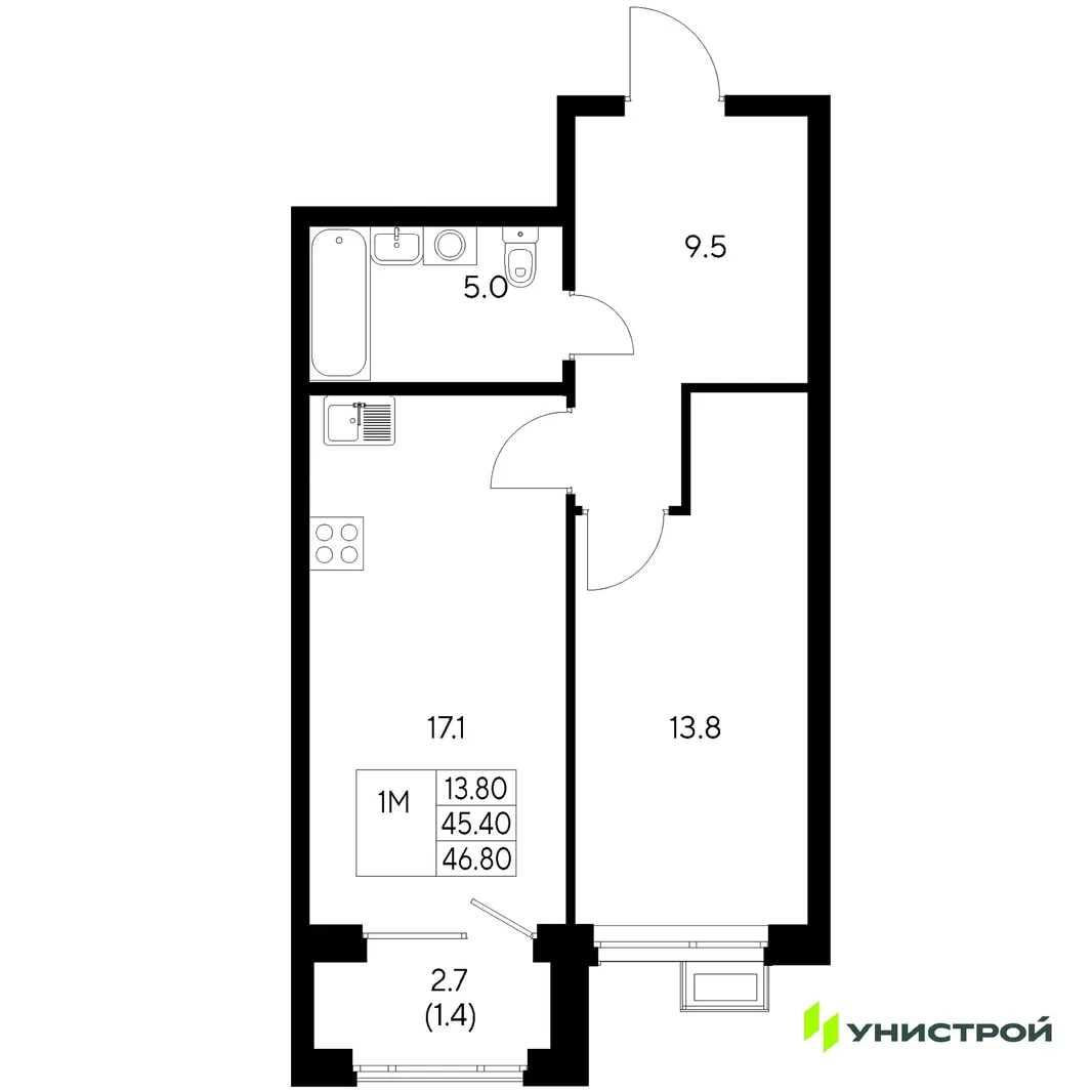 Планировка 1-комн. квартира, 46.8 м² ЖК «Стадиум»