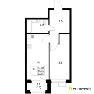Планировка 1-комн. квартира, 46.8 м² ЖК «Стадиум»