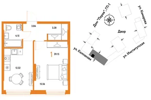 Планировка 1-комн. квартира, 39.15 м² ЖК «Страна.Парковая»