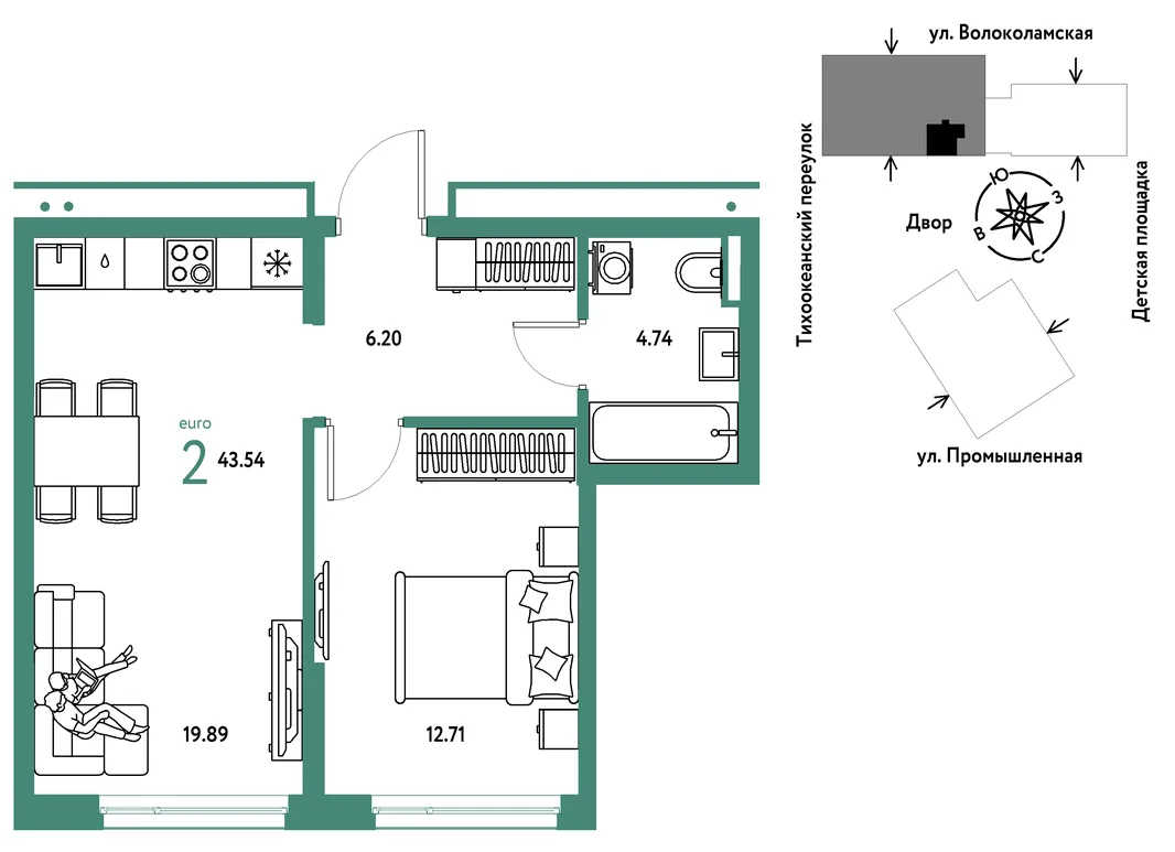 Планировка 2-комн. квартира, 43.54 м² ЖК «Страна Прибрежная»