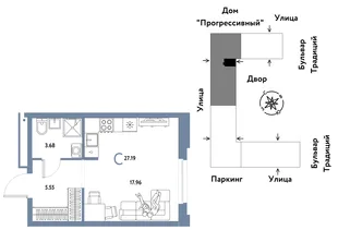 Планировка Студия, 27.19 м² ЖК «Микрорайон Домашний»