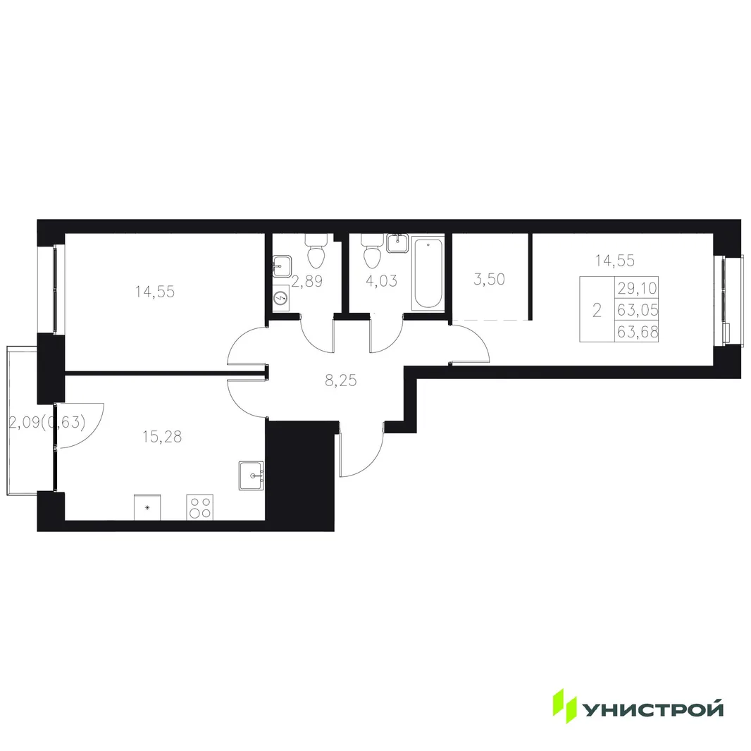 Планировка 2-комн. квартира, 63.68 м² ЖК «Statum»