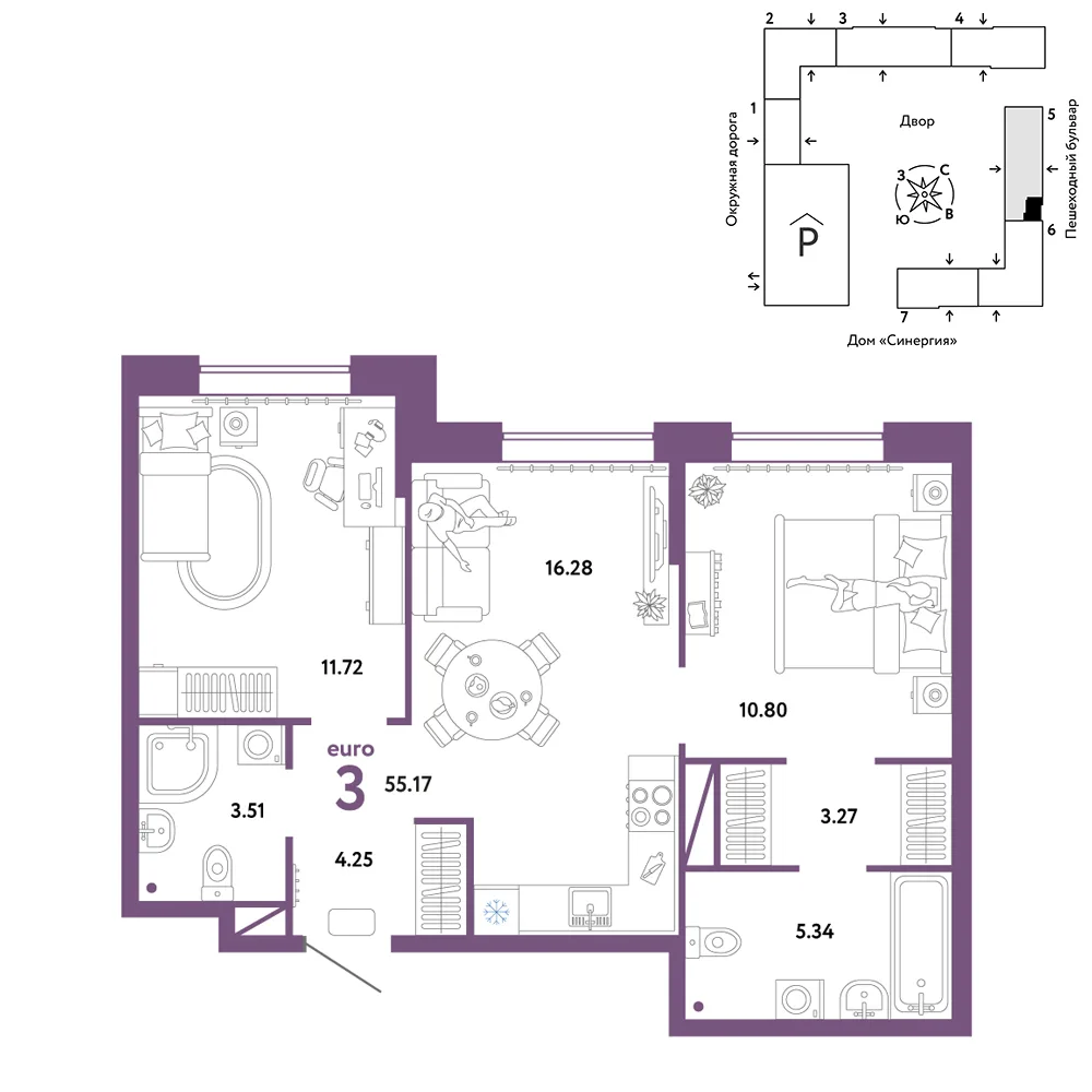 Планировка 3-комн. квартира, 55.17 м² ЖК «Юнион»