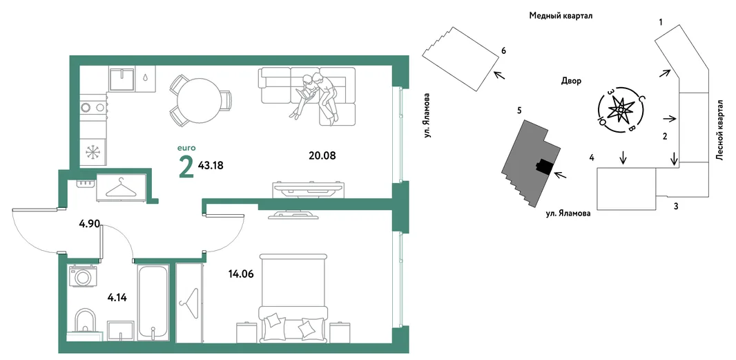 Планировка 2-комн. квартира, 43.18 м² ЖК «Сибирский сад»