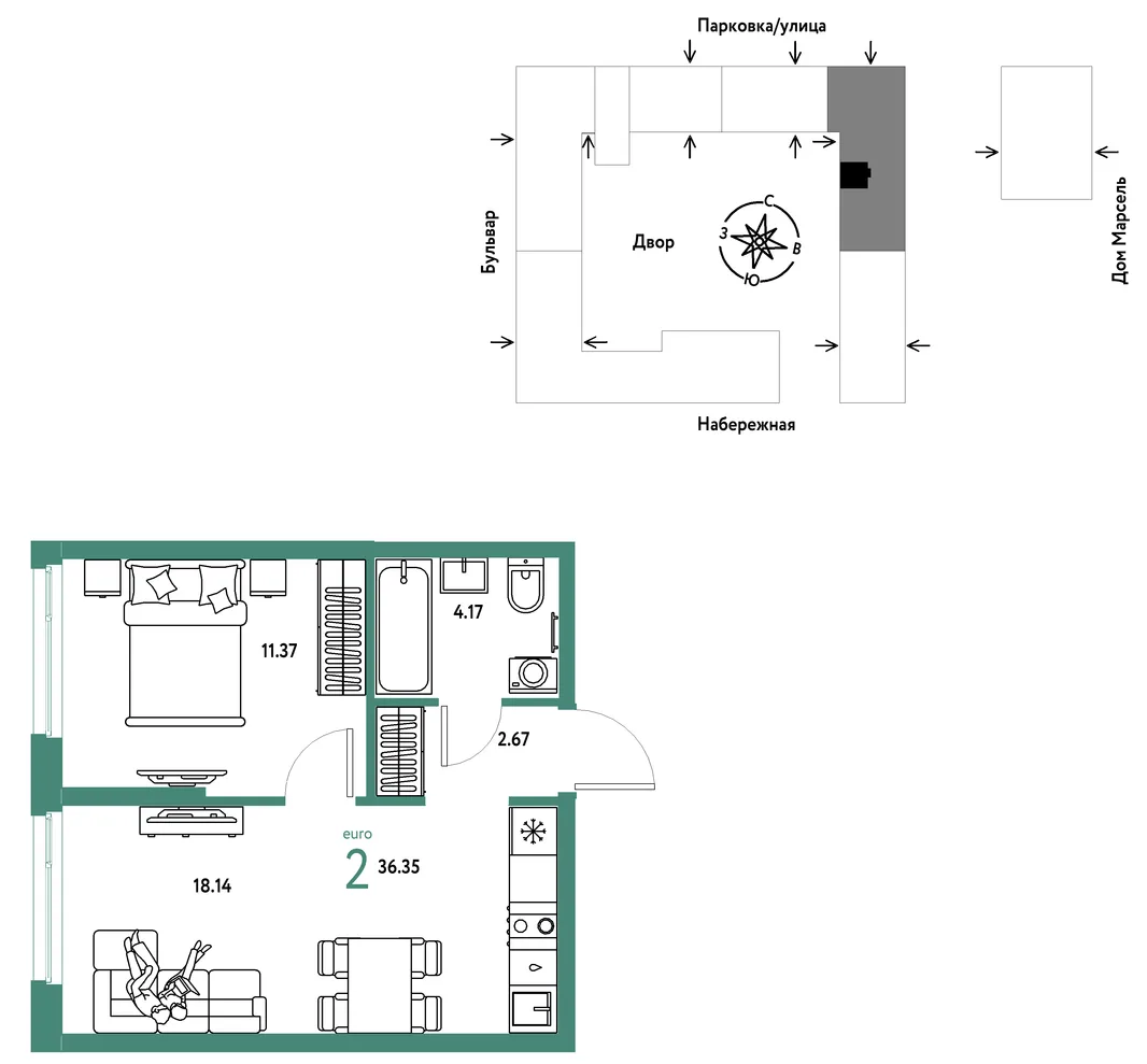 Планировка 2-комн. квартира, 36.35 м² ЖК «Европейский берег 2.0»