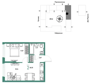 Планировка 2-комн. квартира, 36.35 м² ЖК «Европейский берег 2.0»