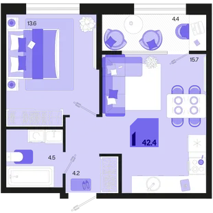 Планировка 1-комн. квартира, 42.4 м² ЖК «Первое место»