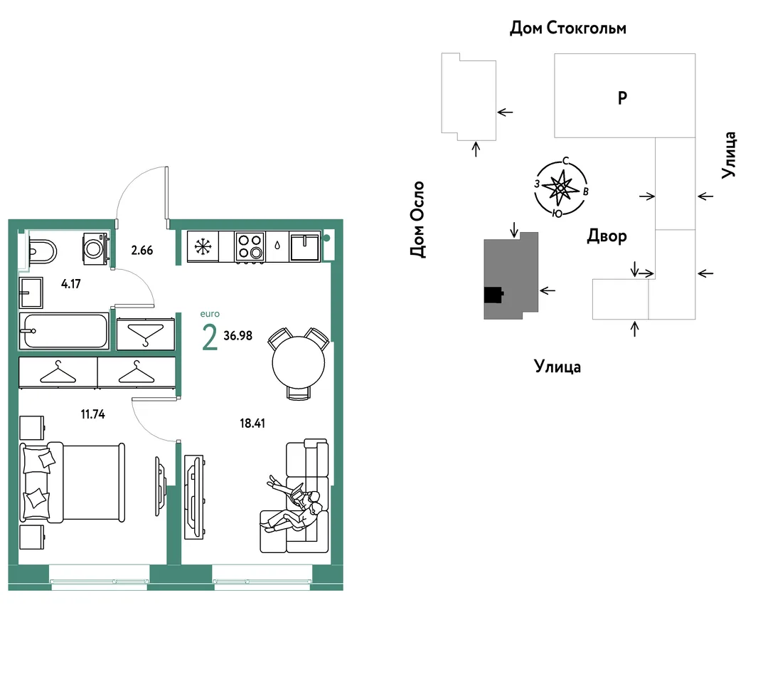 Планировка 2-комн. квартира, 36.98 м² ЖК «Европейский берег 2.0»