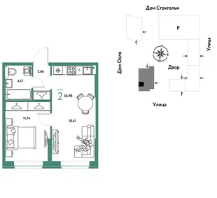 Планировка 2-комн. квартира, 36.98 м² ЖК «Европейский берег 2.0»