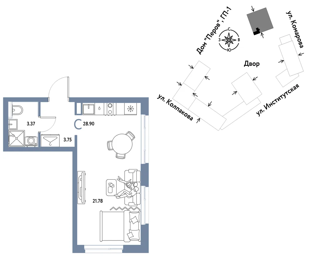 Планировка Студия, 28.9 м² ЖК «Страна.Парковая»