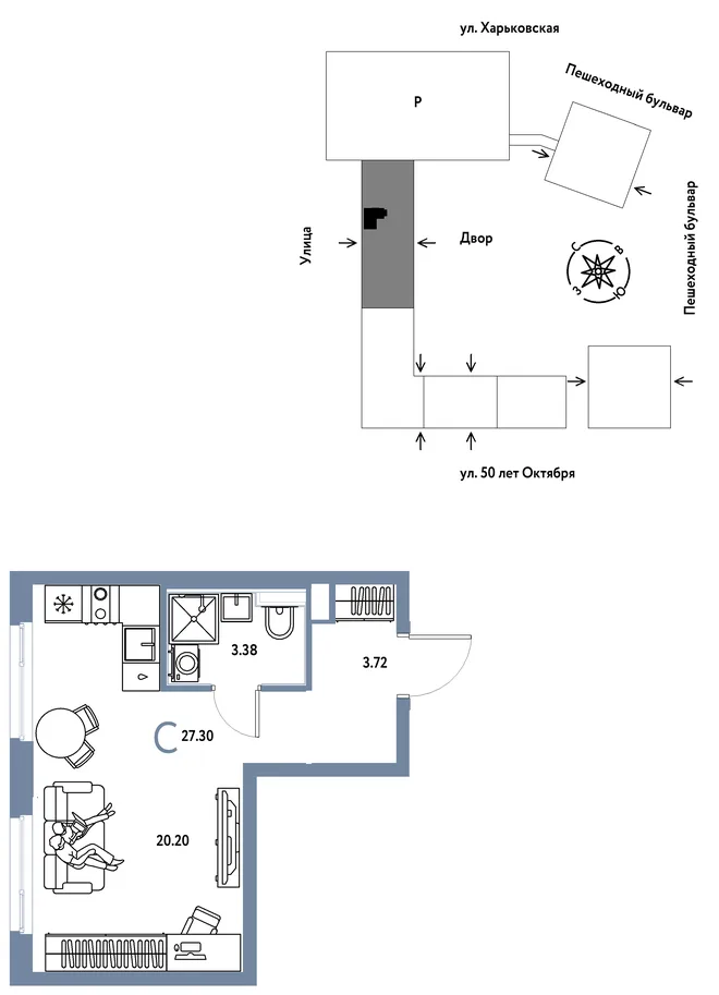 Планировка Студия, 27.3 м² ЖК «Сердце Сибири»