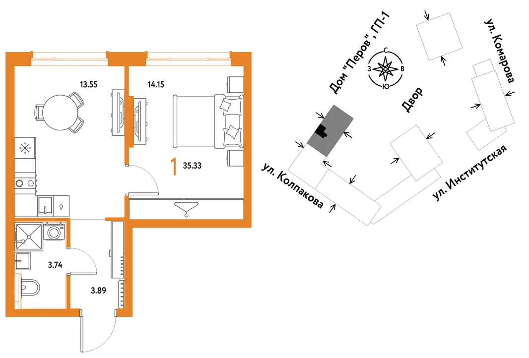 Планировка 1-комн. квартира, 35.33 м² ЖК «Страна.Парковая»