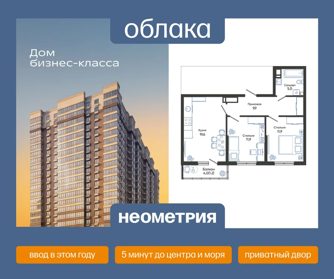 Планировка 2-комн. квартира, 59.5 м² ЖК «Облака»