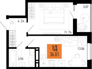 Планировка 1-комн. квартира, 36.01 м² ЖК «Столицыно»