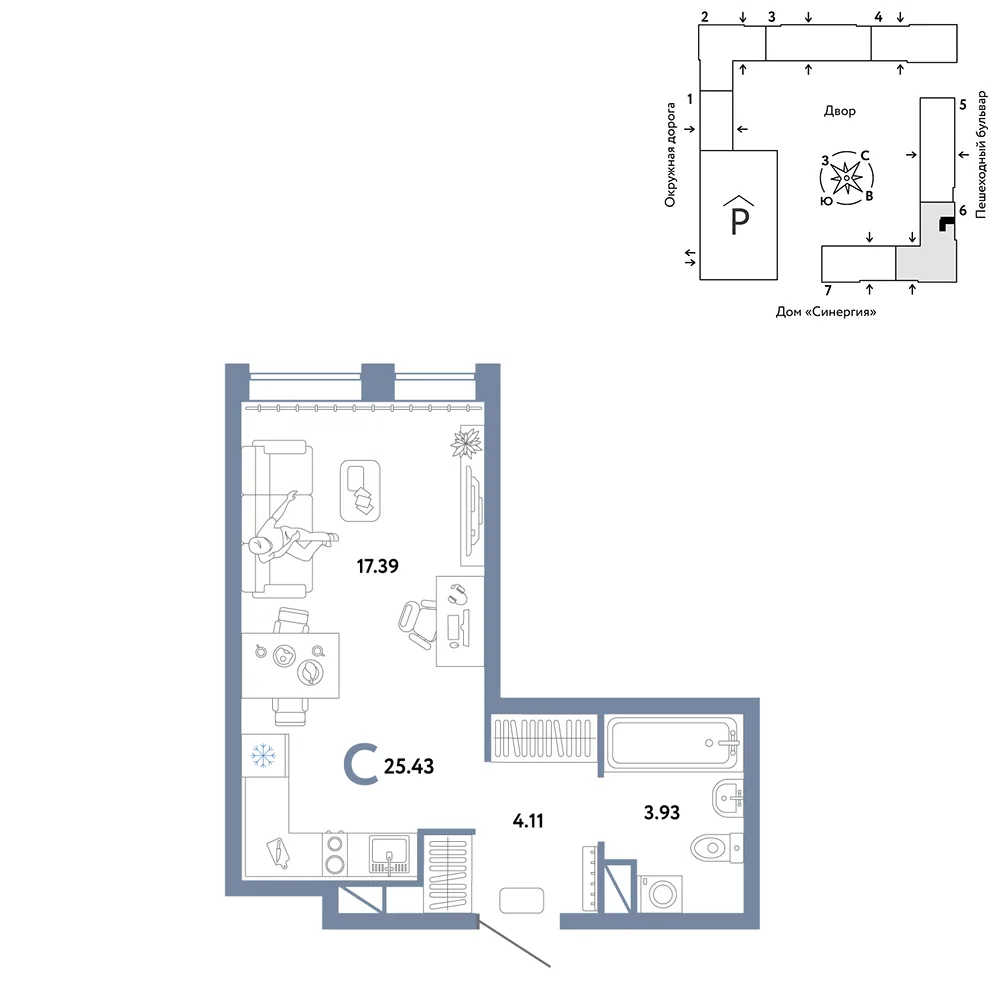 Планировка Студия, 25.43 м² ЖК «Юнион»