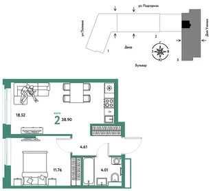Планировка 2-комн. квартира, 38.99 м² ЖК «Авторский»