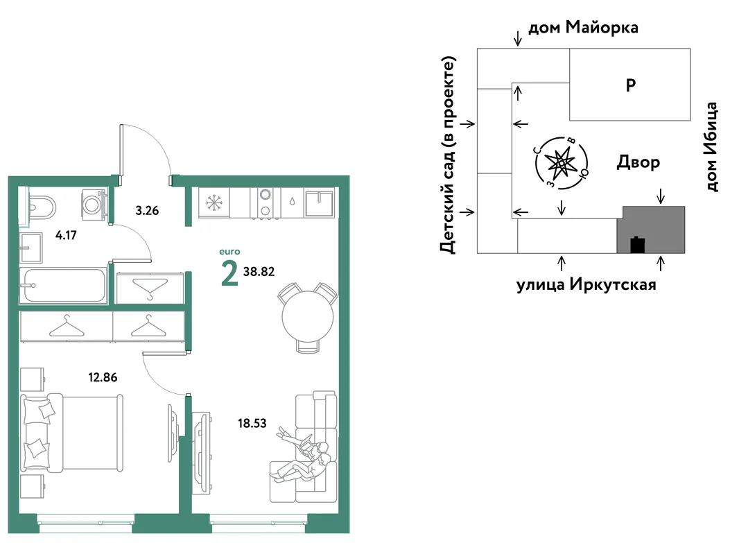 Планировка 2-комн. квартира, 38.82 м² ЖК «Остров-сад»