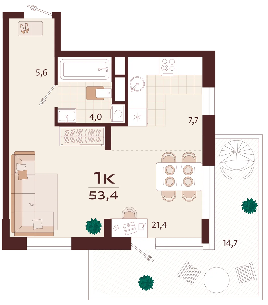 Планировка 1-комн. квартира, 53.4 м² ЖК «Роялта»