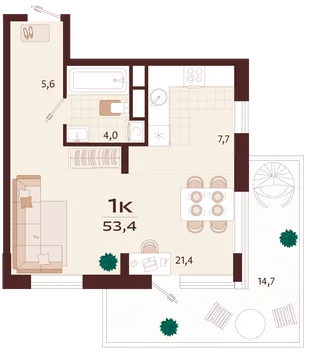 Планировка 1-комн. квартира, 53.4 м² ЖК «Роялта»