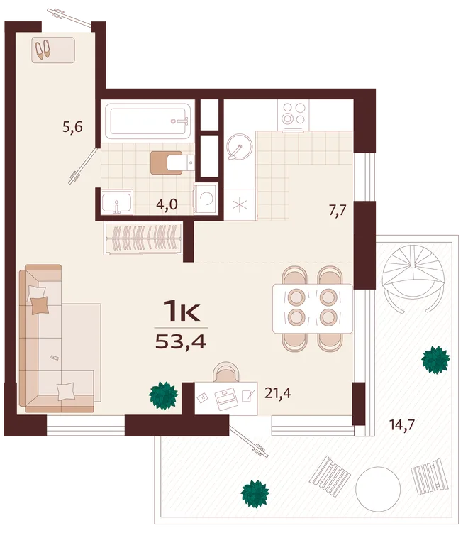 Планировка 1-комн. квартира, 53.4 м² ЖК «Роялта» Планировка 1-комн. квартира, 53.4 м² ЖК «Роялта»