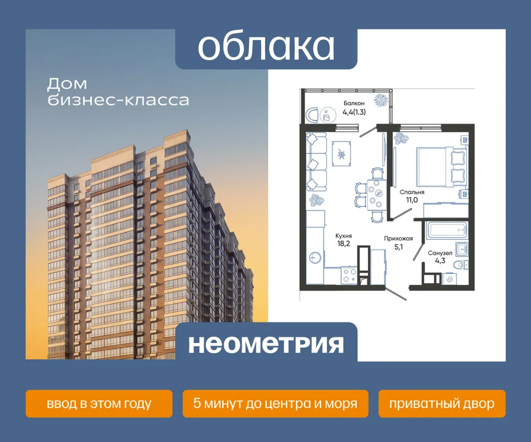 Планировка 1-комн. квартира, 39.9 м² ЖК «Облака»
