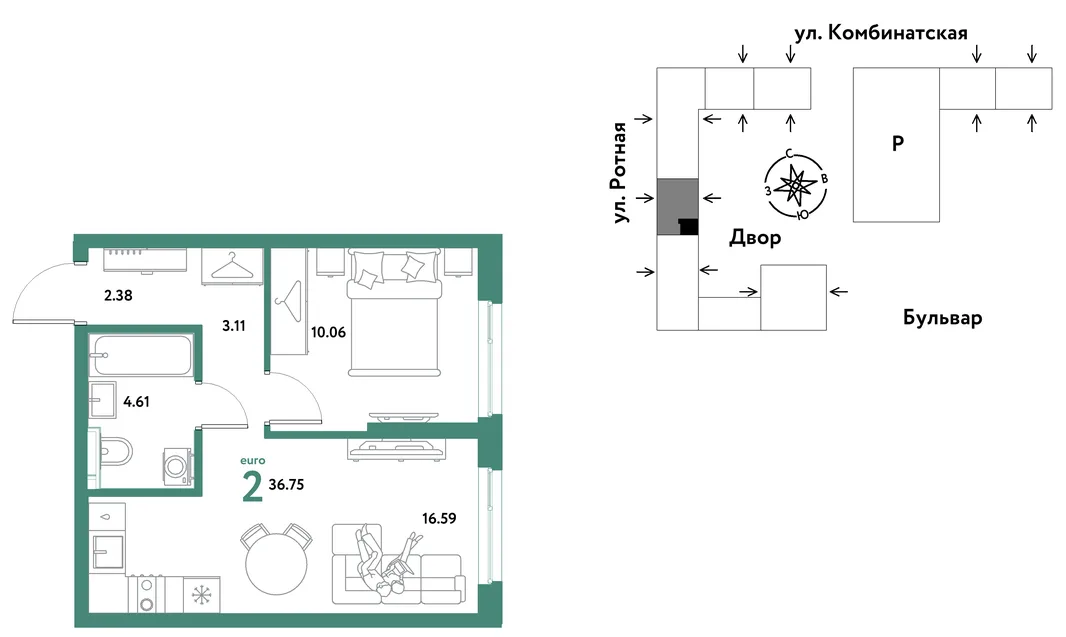 Планировка 2-комн. квартира, 36.46 м² ЖК «Уральский сад»