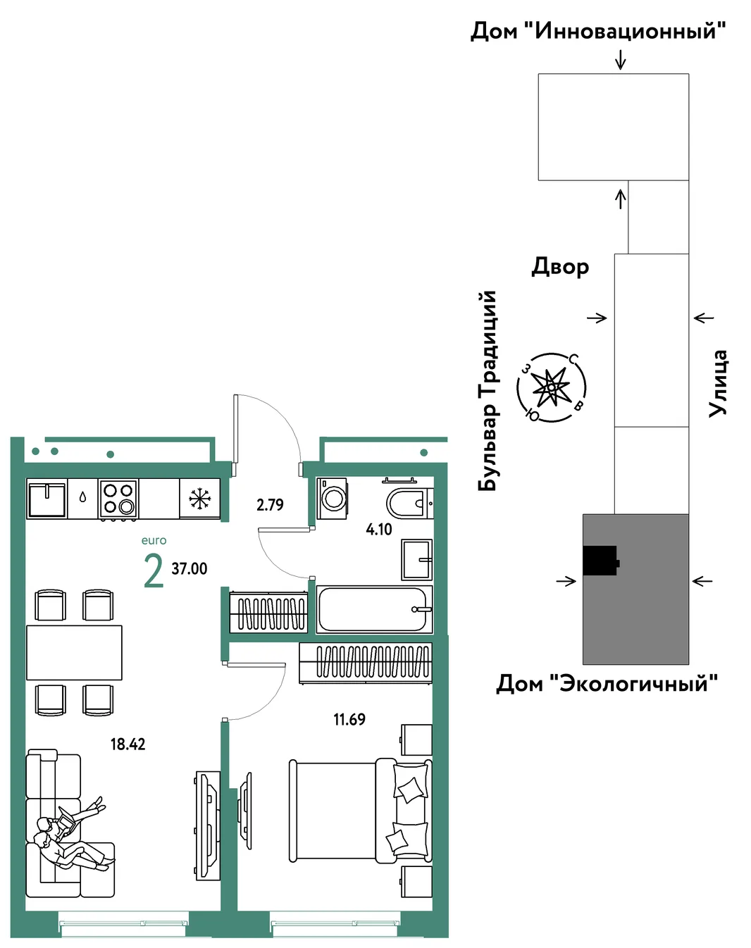Планировка 2-комн. квартира, 37 м² ЖК «Микрорайон Домашний»