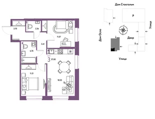 Планировка 3-комн. квартира, 57 м² ЖК «Европейский берег 2.0»