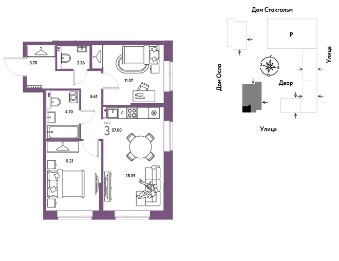 Планировка 3-комн. квартира, 57 м² ЖК «Европейский берег 2.0» Планировка 3-комн. квартира, 57 м² ЖК «Европейский берег 2.0»