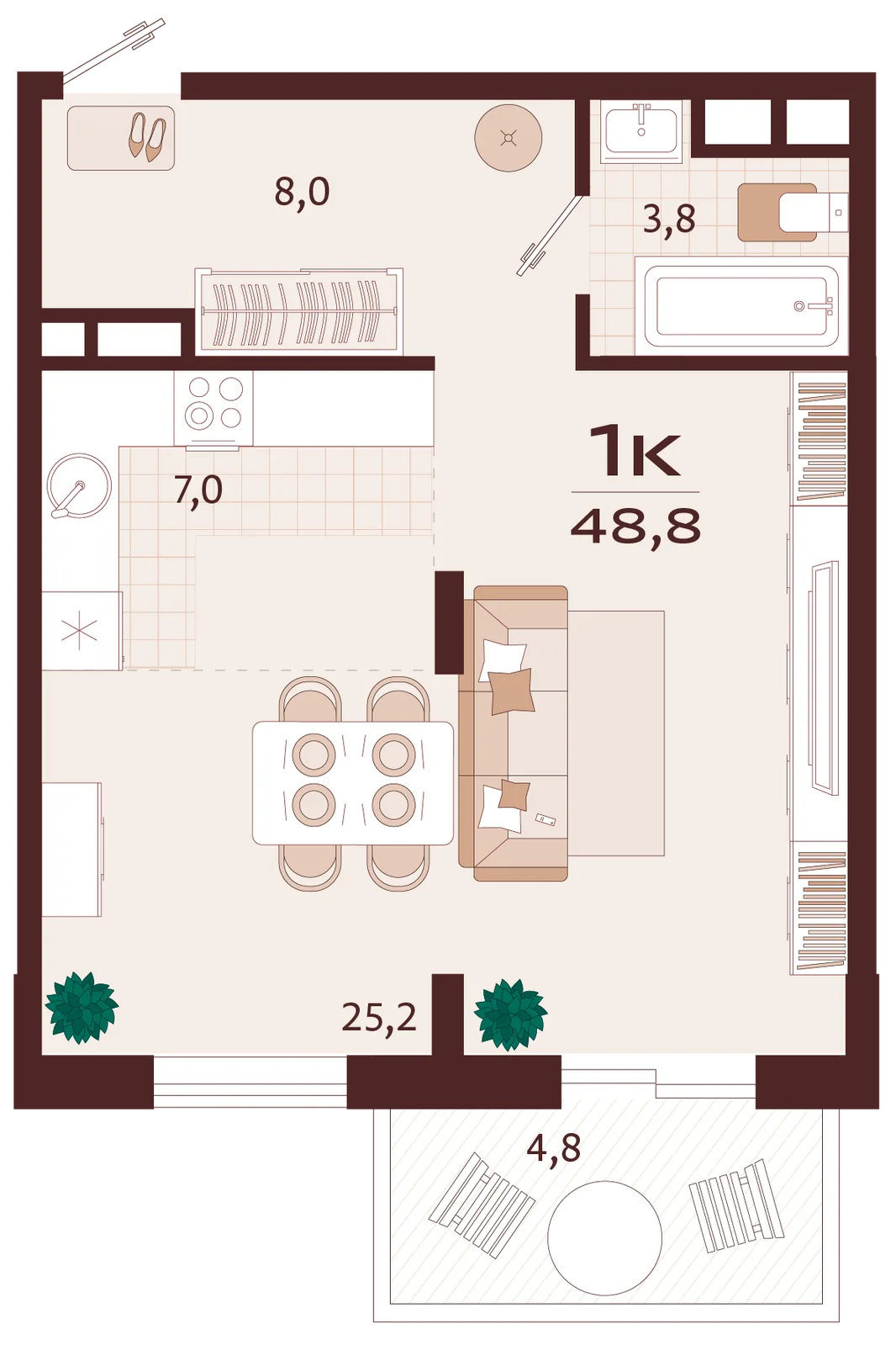 Планировка 1-комн. квартира, 48.8 м² ЖК «Роялта»