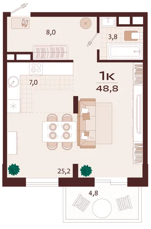 Планировка 1-комн. квартира, 48.8 м² ЖК «Роялта»
