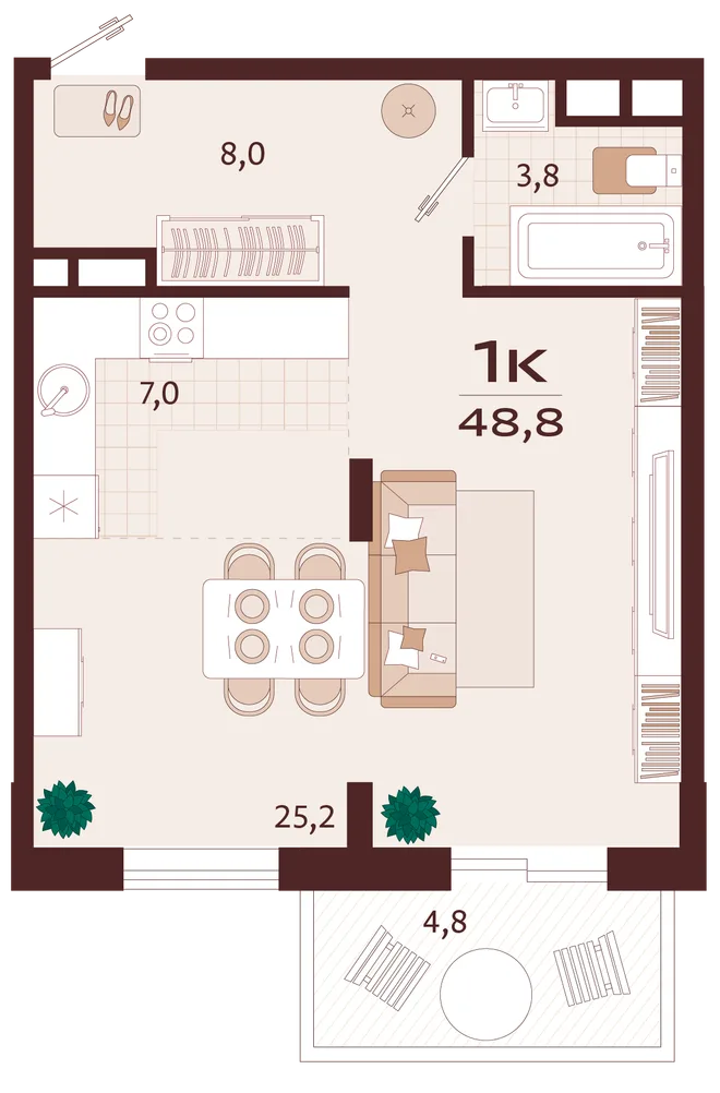 Планировка 1-комн. квартира, 48.8 м² ЖК «Роялта» Планировка 1-комн. квартира, 48.8 м² ЖК «Роялта»