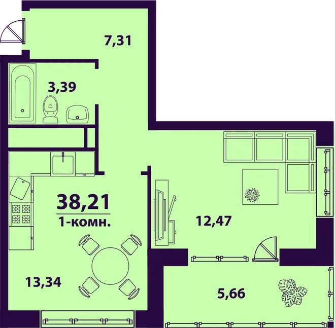 Планировка 1-комн. квартира, 38.21 м² ЖК «Сиреневый» Планировка 1-комн. квартира, 38.21 м² ЖК «Сиреневый»