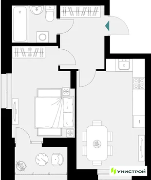 Планировка 1-комн. квартира, 42.55 м² ЖК «Уникум на Амирхана»