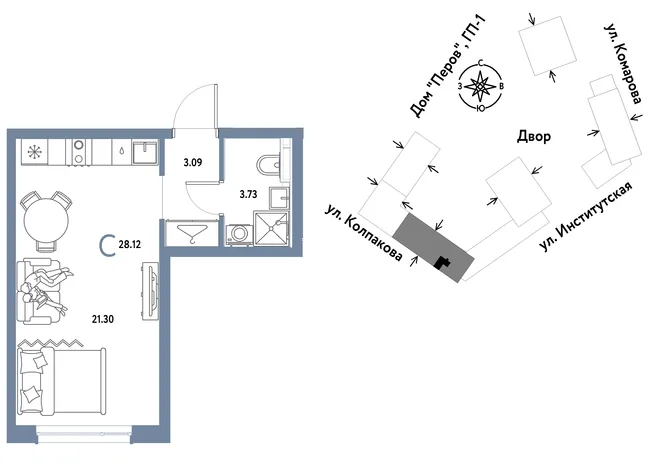 Планировка Студия, 28.12 м² ЖК «Страна.Парковая»