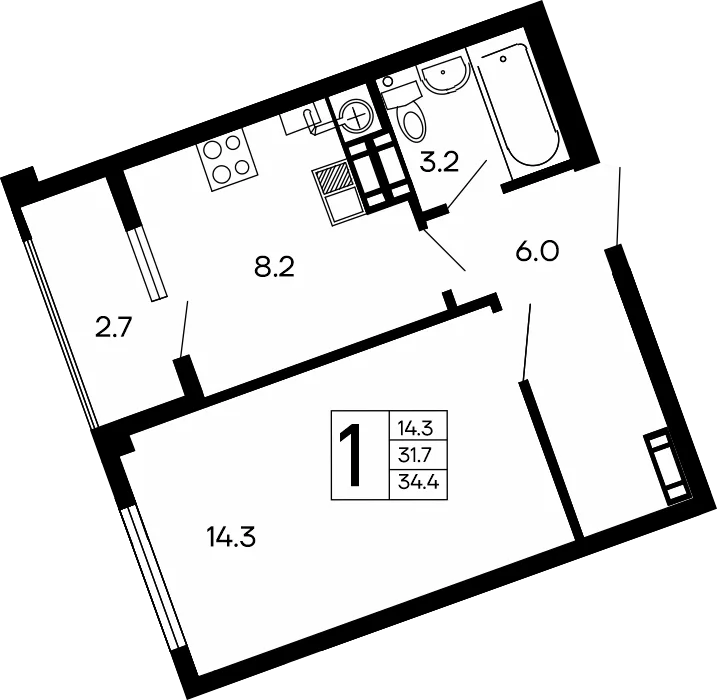 Планировка 1-комн. квартира, 34.4 м² ЖК «Семейный»