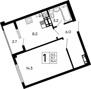 Планировка 1-комн. квартира, 34.4 м² ЖК «Семейный»