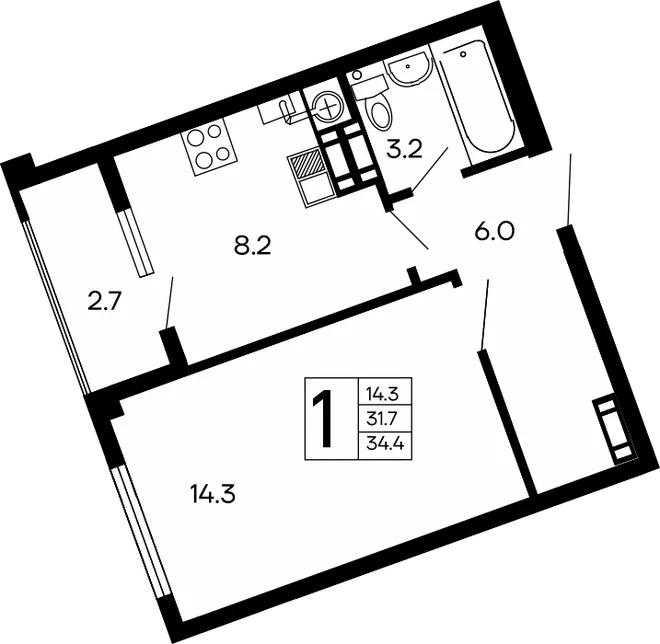 Планировка 1-комн. квартира, 34.4 м² ЖК «Семейный» Планировка 1-комн. квартира, 34.4 м² ЖК «Семейный»